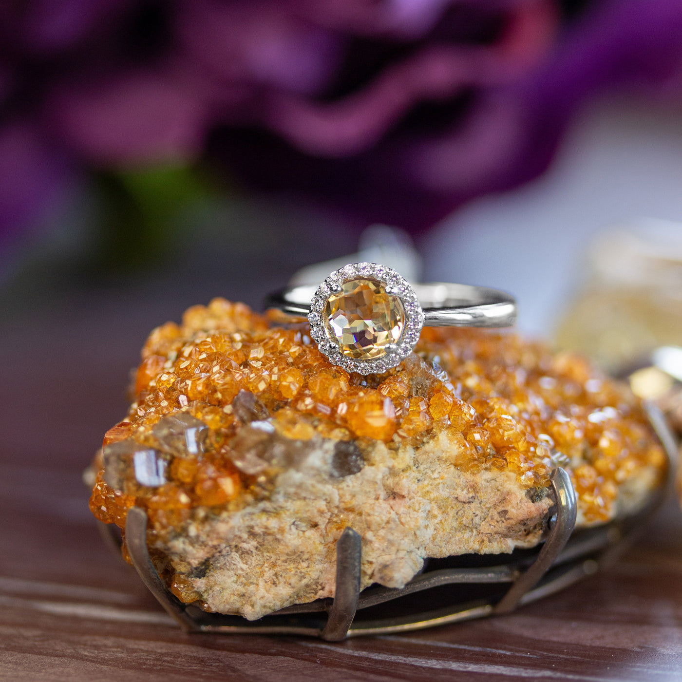 Lafonn Citrine birthstone ring featuring a faceted golden citrine center stone surrounded by a sparkling halo of simulated diamonds set in sterling silver, elegant November jewelry with radiant yellow gemstone brilliance.