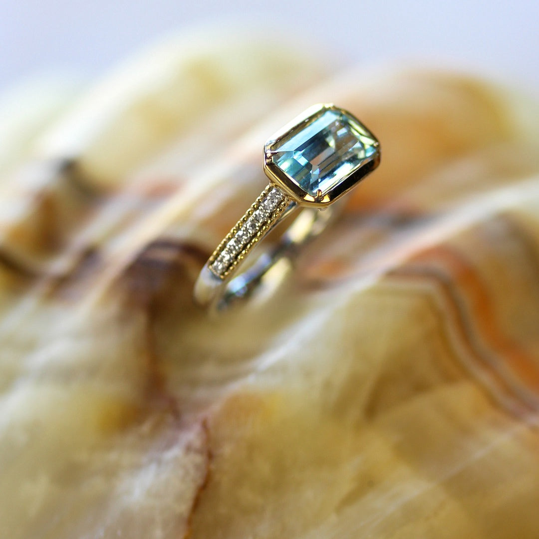 14KYW Emerald Cut Aquamarine & Diamond Ring