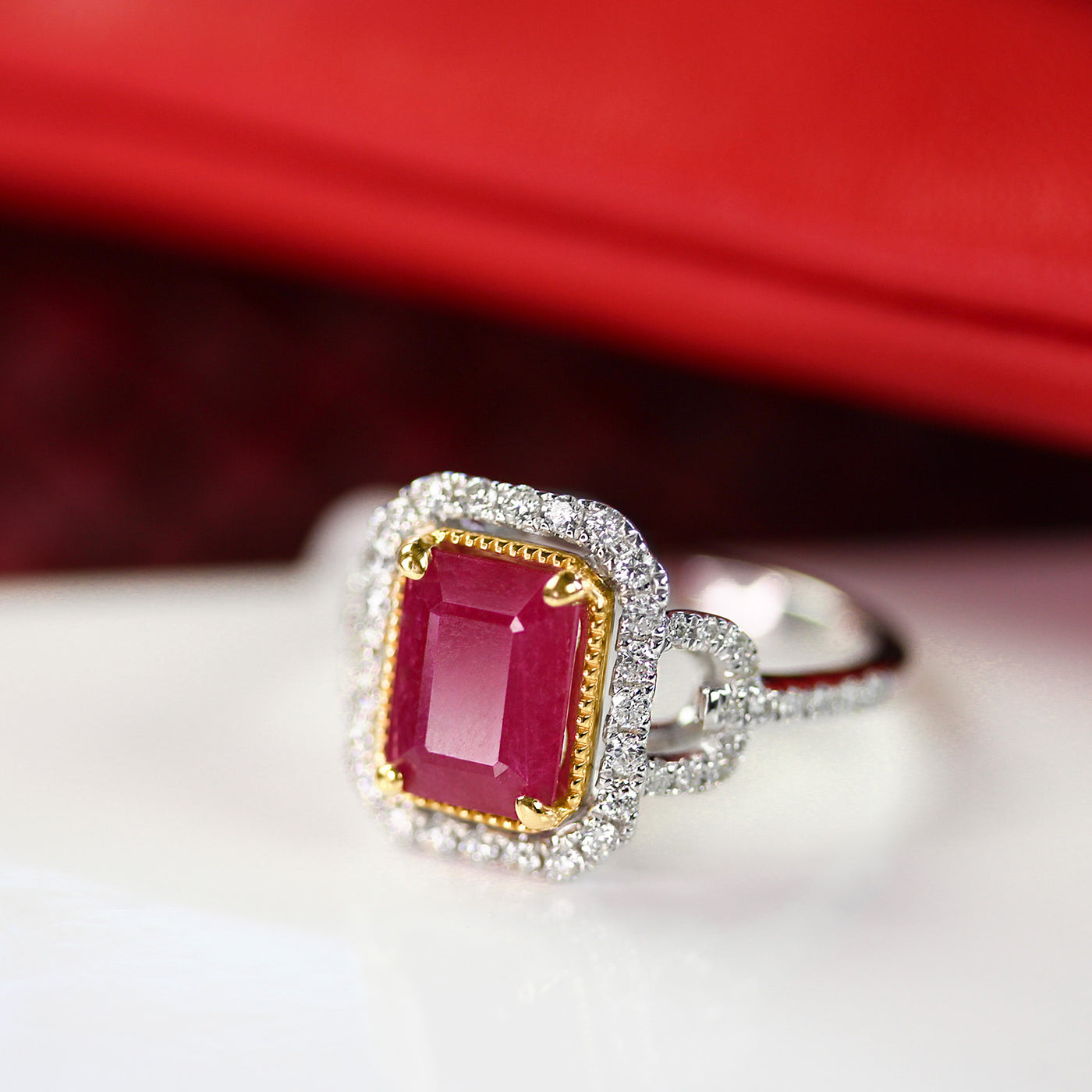 2.25CT Emerald Cut Ruby & Diamond Ring