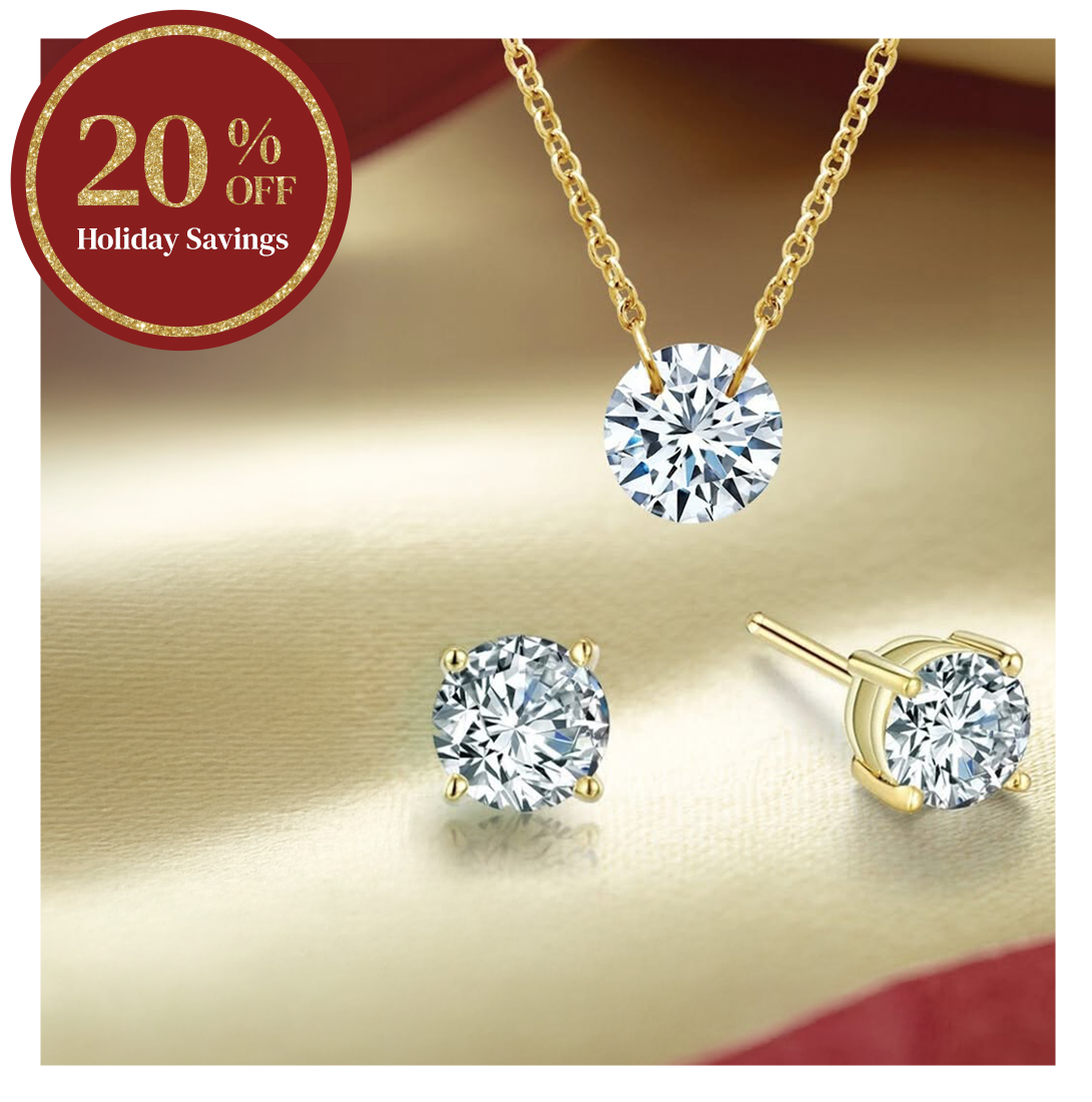 Lafonn gold jewelry set featuring round-cut simulated diamond stud earrings and matching solitaire pendant necklace. 20% off Holiday Savings promotion. Classic and timeless fine jewelry gift idea.
