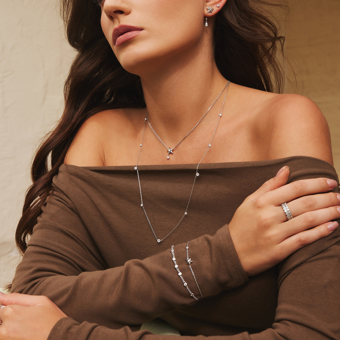 Melodic Poet - Silver Sparkling Star Drop Necklace