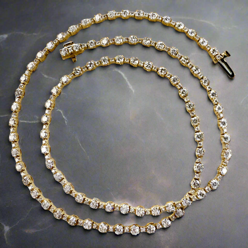 14k YG 7.01 CT Diamond Tennis Necklace, 17"