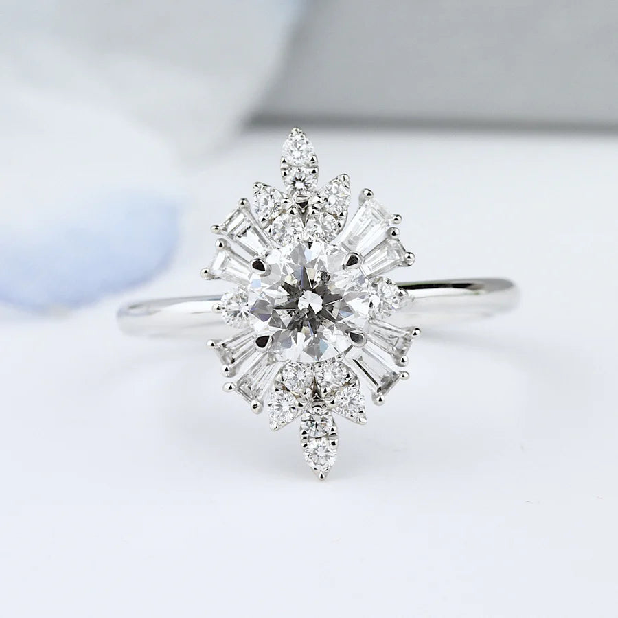 Close-up shot of a Parade Trillion & Round Diamond Halo Engagement Ring, showcasing its sparkling and radiant design.