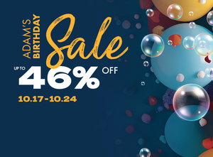 Adam’s Birthday Sale banner with colorful balloons and bubbles, promoting up to 46% off discounts from October 17 to October 24."