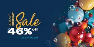 Adam’s Birthday Sale banner with colorful balloons and bubbles, promoting up to 46% off discounts from October 17 to October 24."