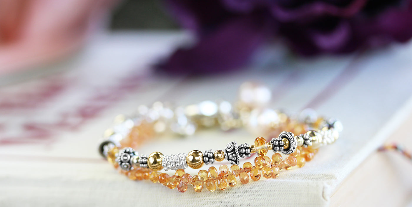 Elisa Ilana Citrine birthstone bracelets with faceted golden-yellow citrine beads, sterling silver and 14k gold accents, handcrafted November birthstone jewelry adding radiant gemstone sparkle.