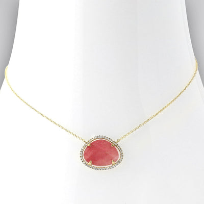 18K Yellow Gold Pink Rhodonite and Diamond Necklace-342298