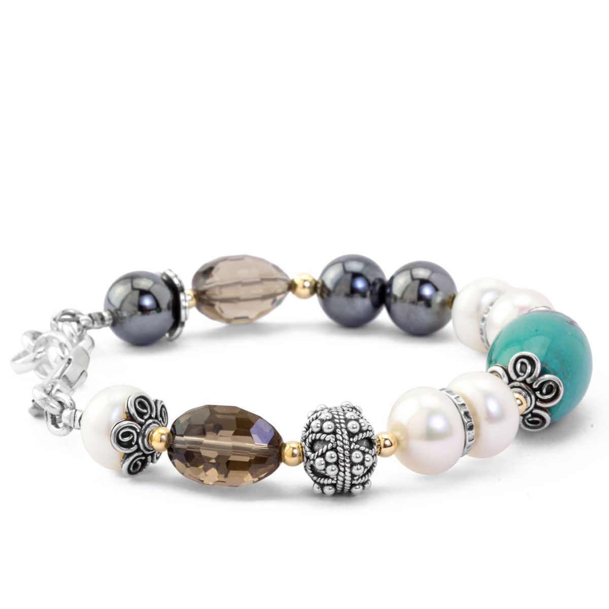 Impressionist Hematite, Turquoise and Pearl Bracelet
