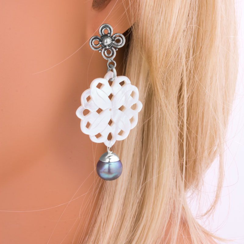 The Goddess Collection Carved Mother of Pearl with Peacock Freshwater Pearls Dangle Earrings