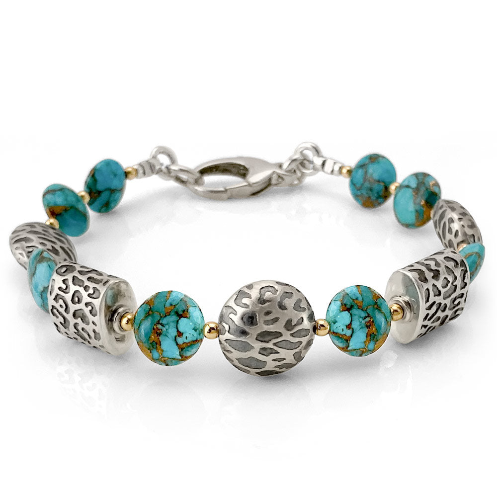 Copper Turquoise & Animal Print Silver Bracelet