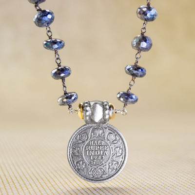 Half Rupee from India on Black Rhodium with Coated Labradorite