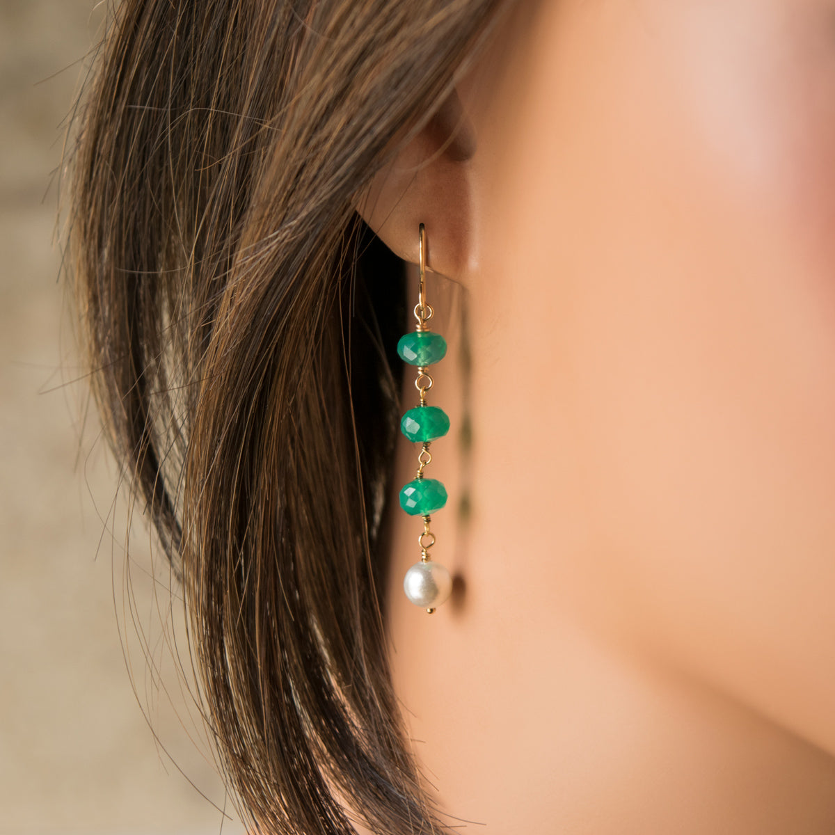 Green Onyx & Freshwater Pearl on 14KTGF Earrings