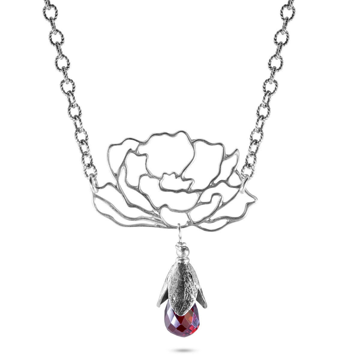 Lotus Flower & Red CZ on Sterling Silver Chain