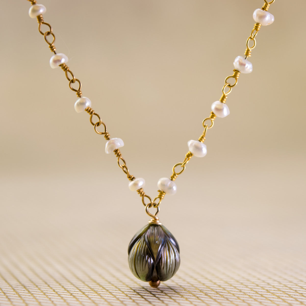 Keishi Pearl & 22KT Gold Vermeil Necklace with a Carved Tahitian Pearl
