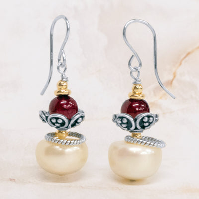 Garnet & Button Pearl Earrings