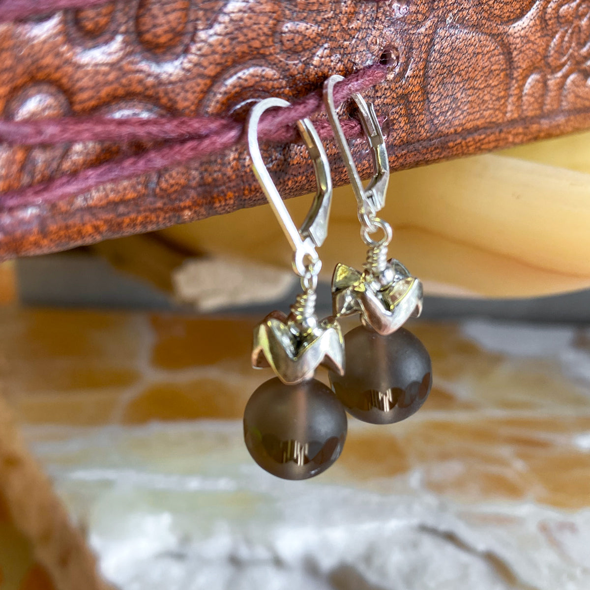 Frosted Carved Smoky Quartz Earrings