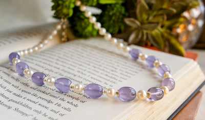 Lavender Chalcedony Barrels & Freshwater Pearl Necklace