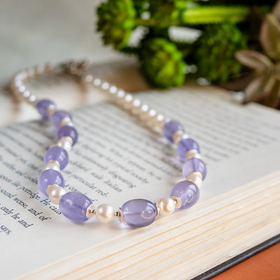 Lavender Chalcedony Barrels & Freshwater Pearl Necklace