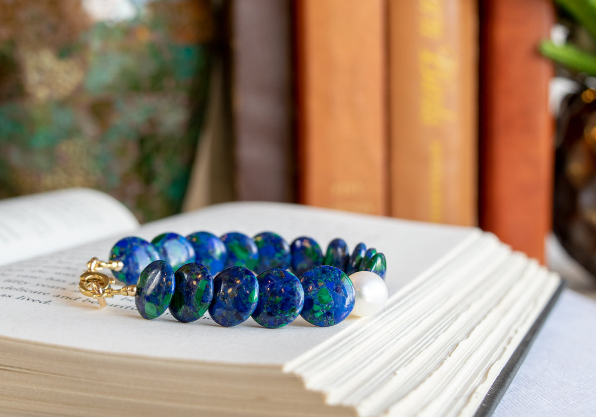 Azurite Coin Bracelet with Freshwater Pearl Bracelet