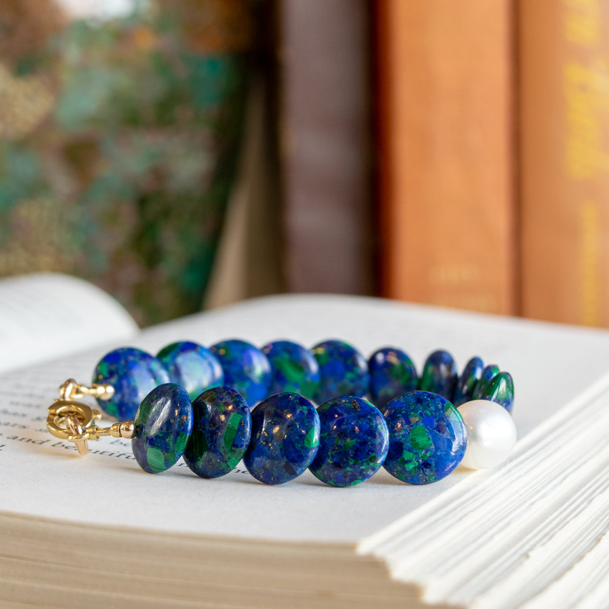 Azurite Coin Bracelet with Freshwater Pearl Bracelet