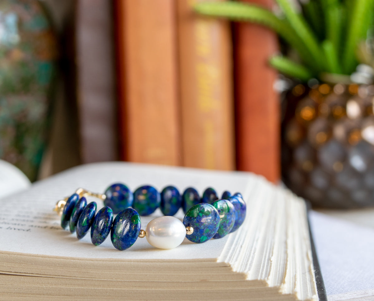 Azurite Coin Bracelet with Freshwater Pearl Bracelet