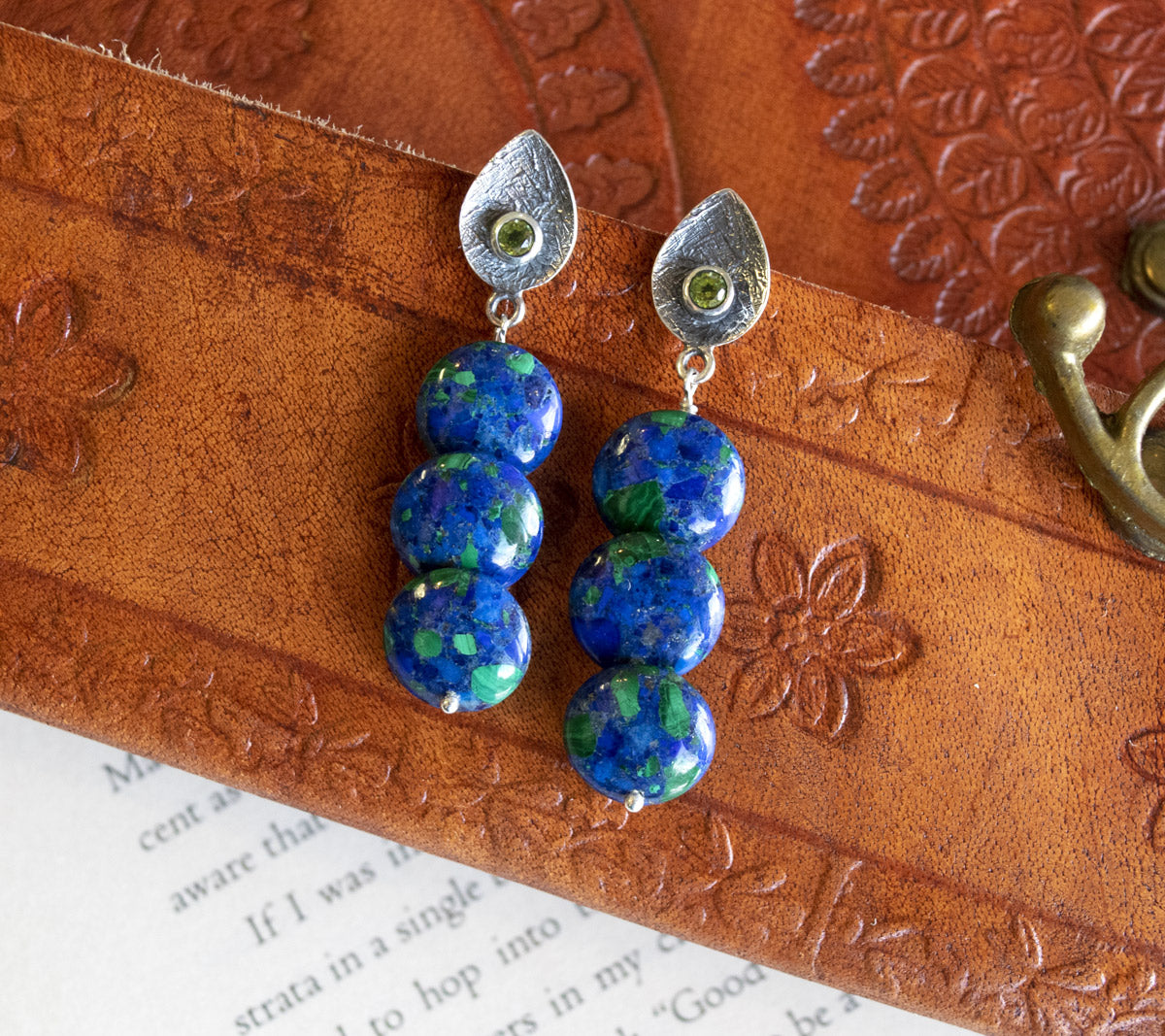 Azurite Double Round Coins & Peridot Earrings