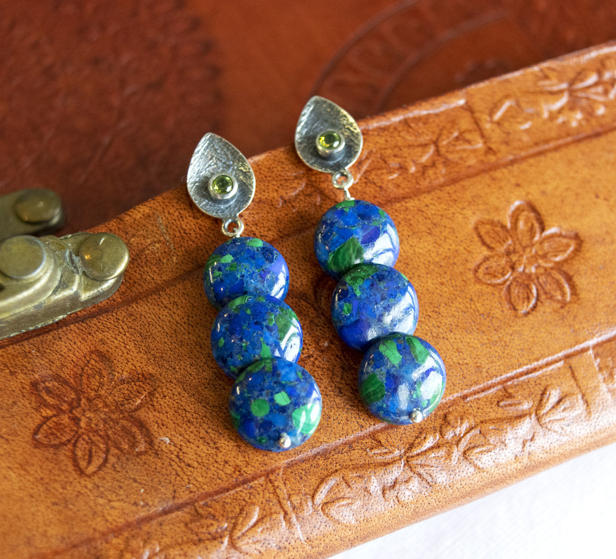 Azurite Double Round Coins & Peridot Earrings