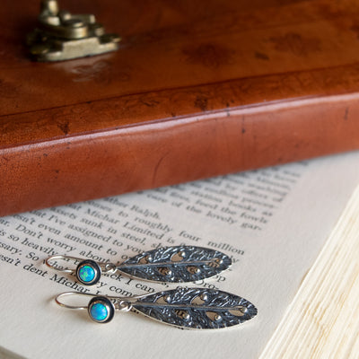 Blue Opal Sterling Silver Leaf Earrings