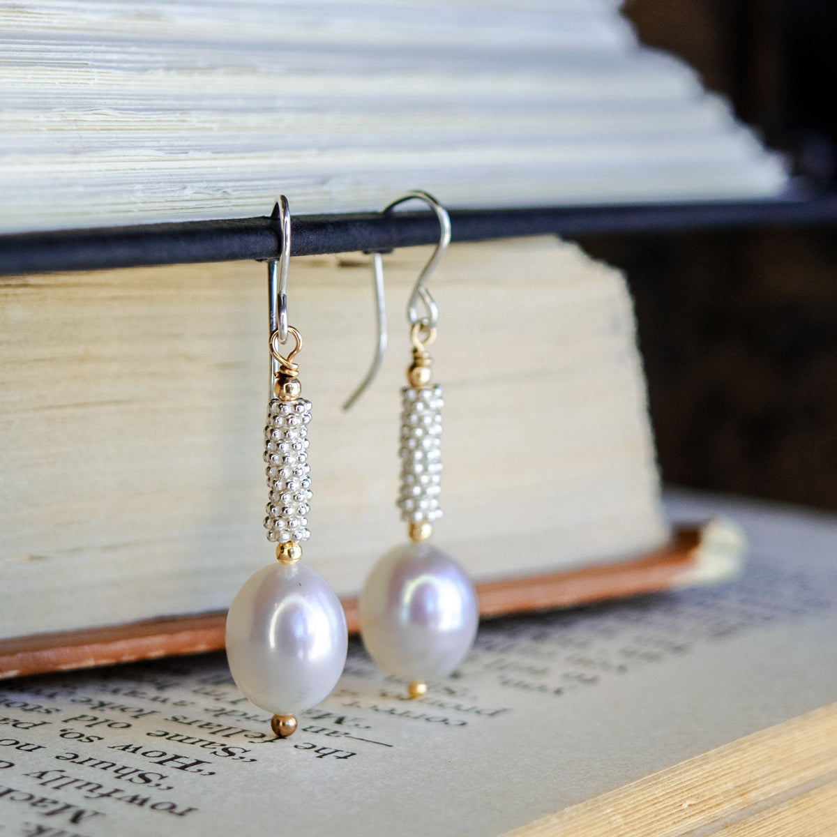 Freshwater Pearl & Rhodium Caviar Earrings