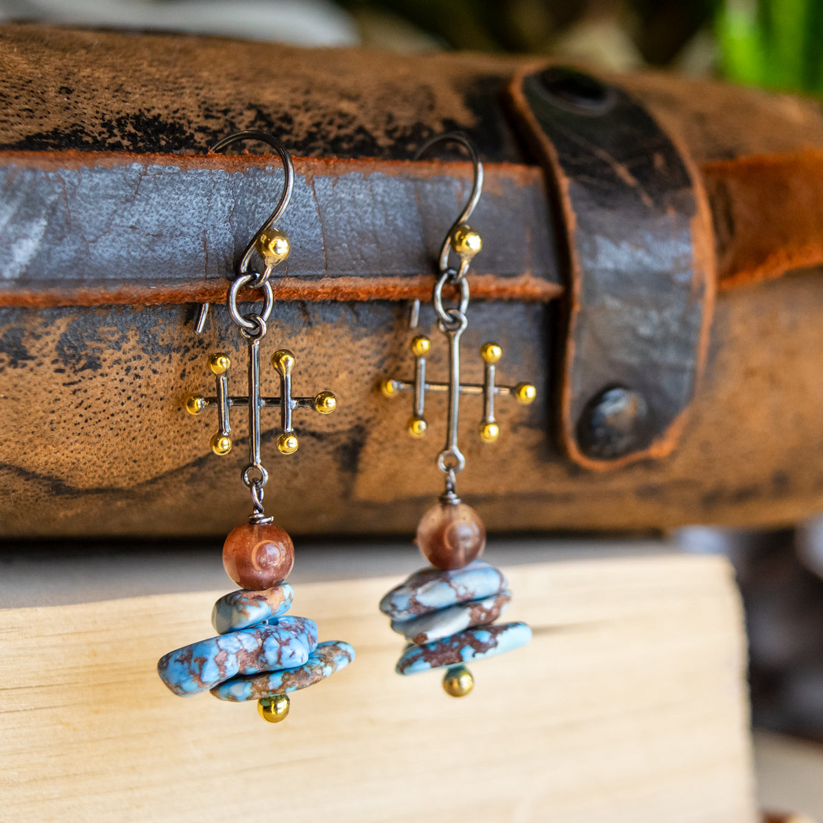 Natural Cat's Eye & Golden Hills Turquoise Earrings