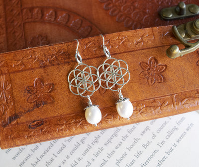 Flower of Life & Freshwater Pearl Earrings