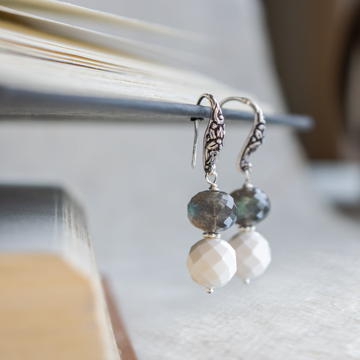 Labradorite & Faceted White Quartz Earrings