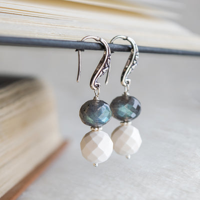 Labradorite & Faceted White Quartz Earrings