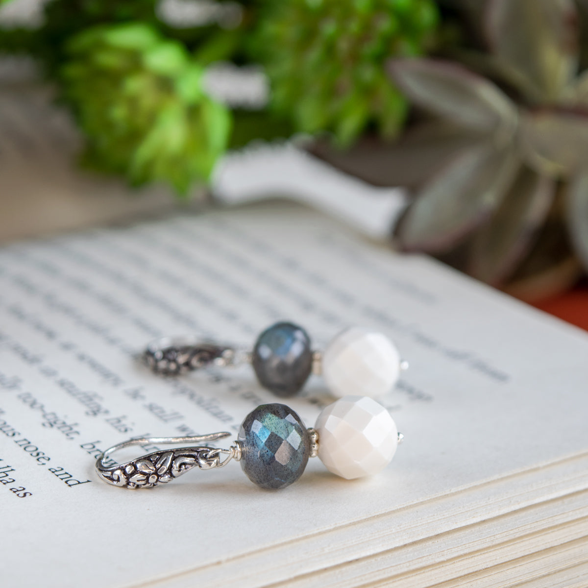 Labradorite & Faceted White Quartz Earrings