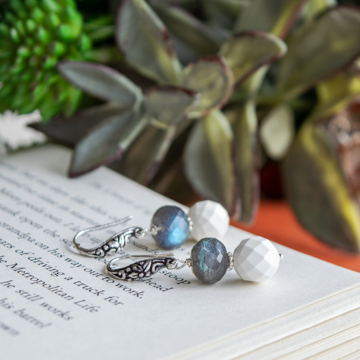 Labradorite & Faceted White Quartz Earrings