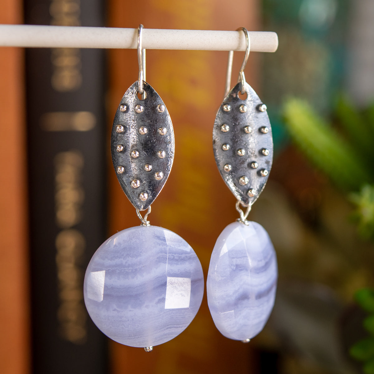 Blue Lace Agate Nailhead Marquise Earrings