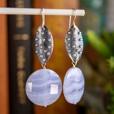 Blue Lace Agate Nailhead Marquise Earrings