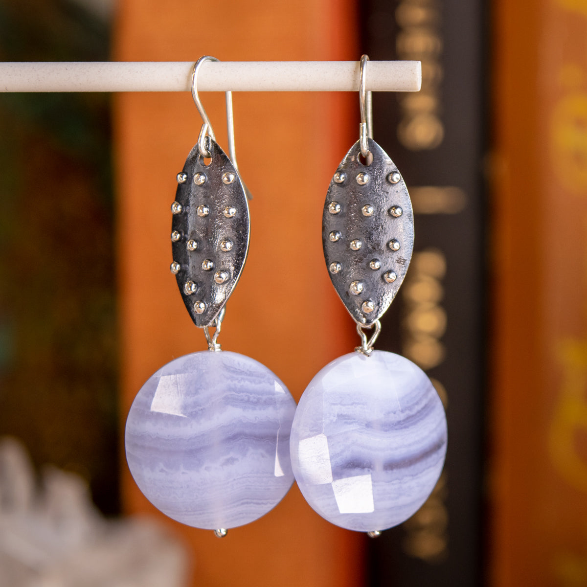 Blue Lace Agate Nailhead Marquise Earrings