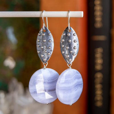Blue Lace Agate Nailhead Marquise Earrings