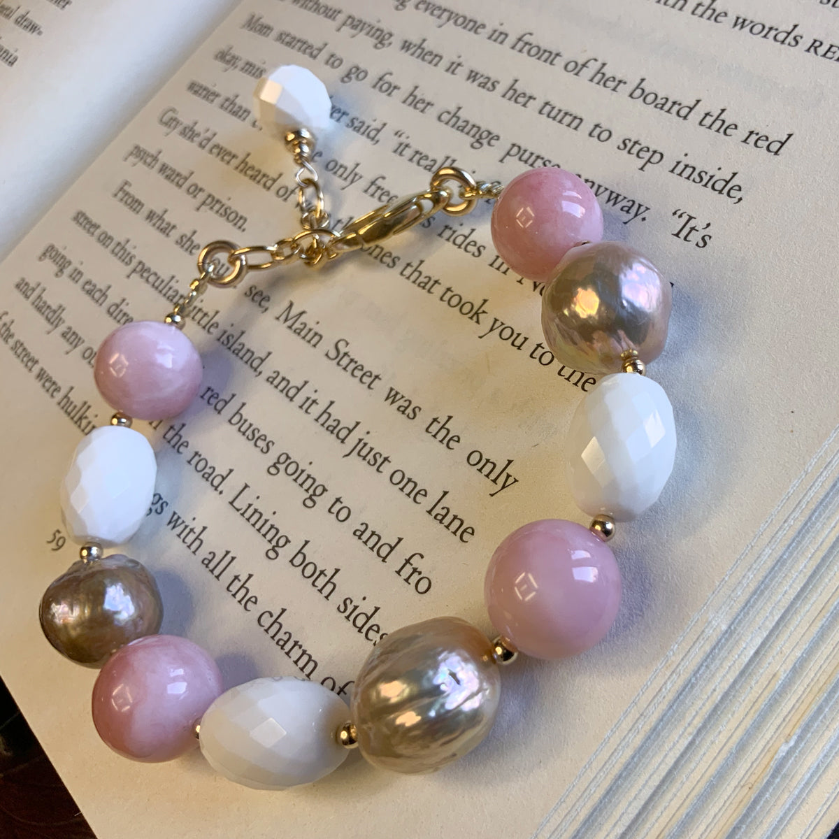 Faceted White Quartz & Fireball Pearl Bracelet