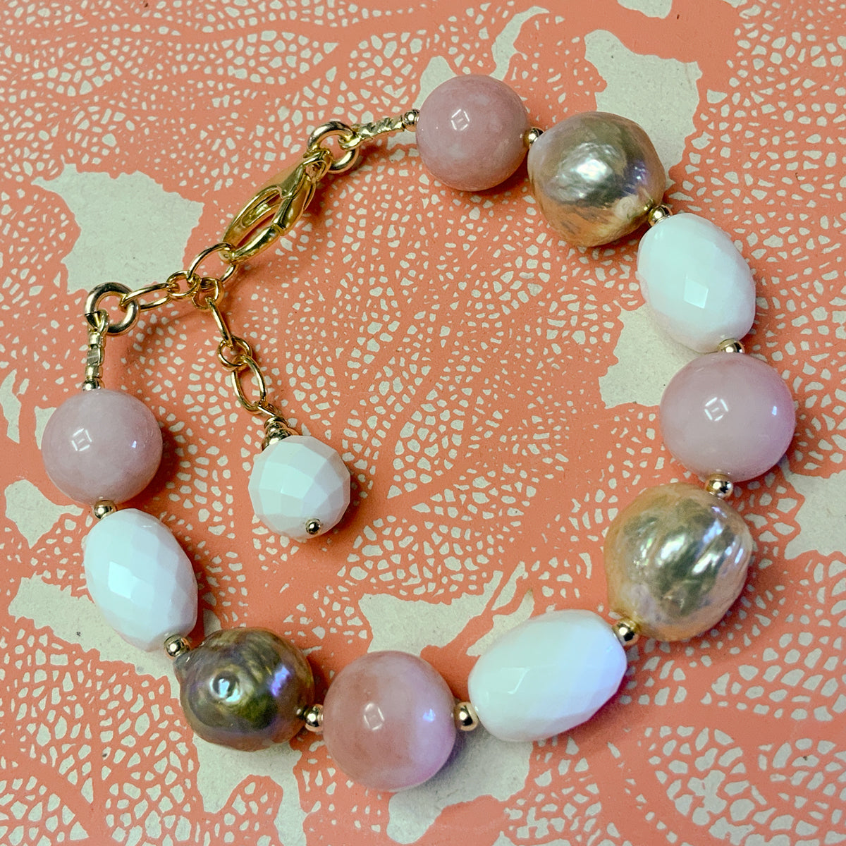 Faceted White Quartz & Fireball Pearl Bracelet