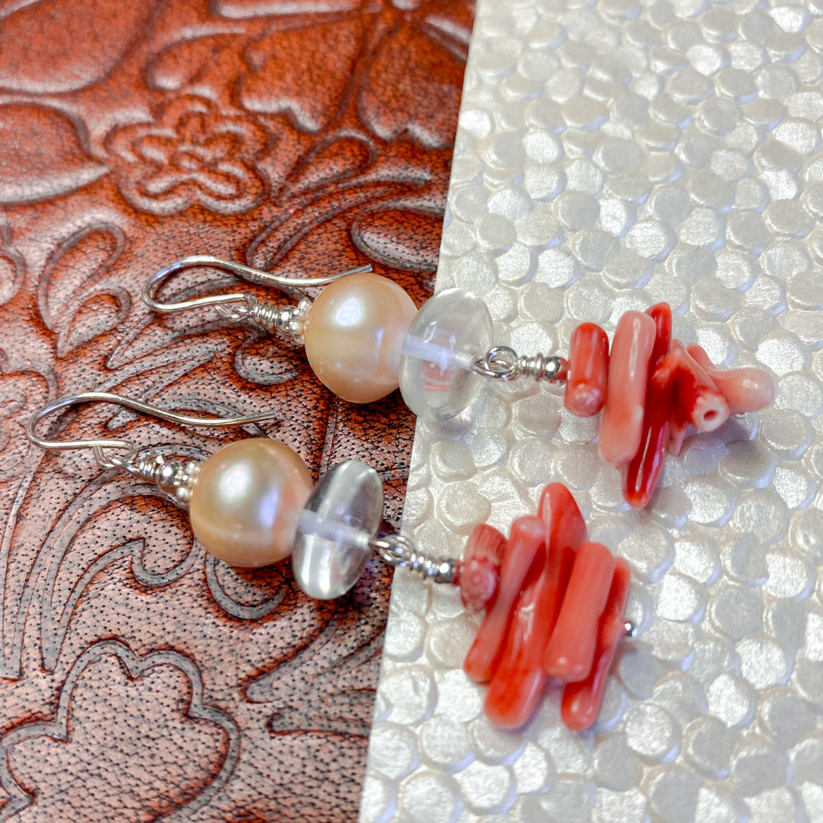 Dyed Red Coral & Freshwater Pearl Earrings