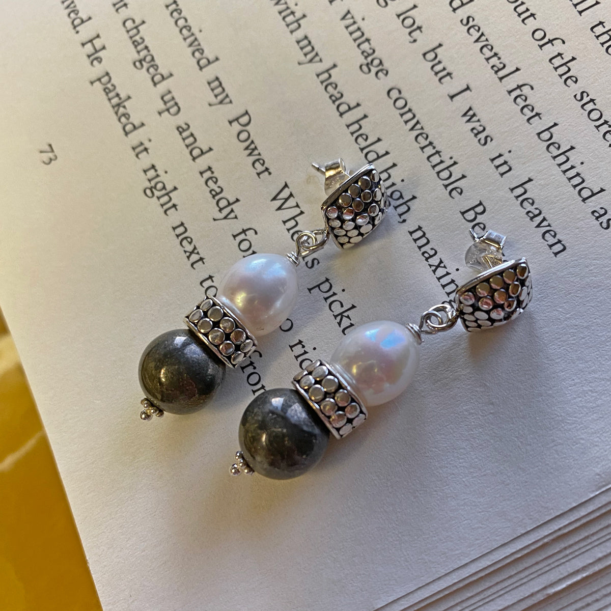 Freshwater Pearl & Pyrite Stud Earrings