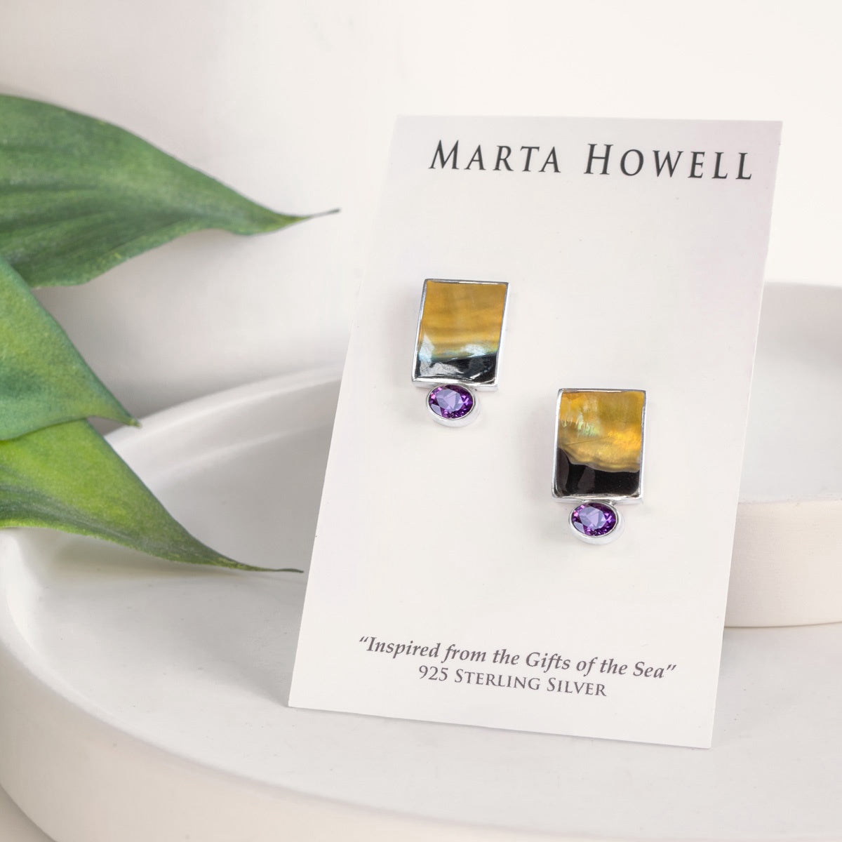 Marta Howell Black Lipped Oyster Small Rectangle Amethyst Earrings