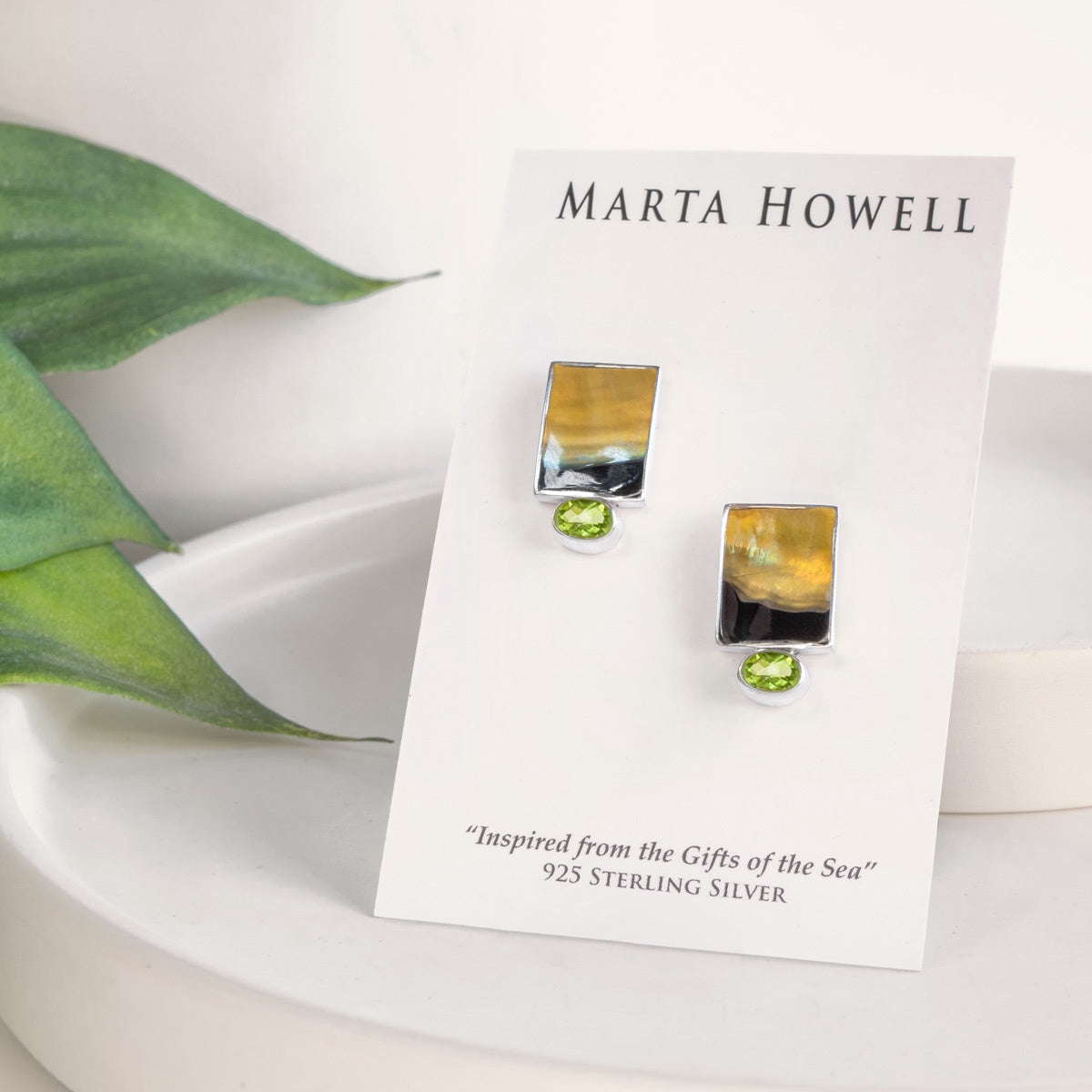 Marta Howell Black Lipped Oyster Small Rectangle Peridot Earrings