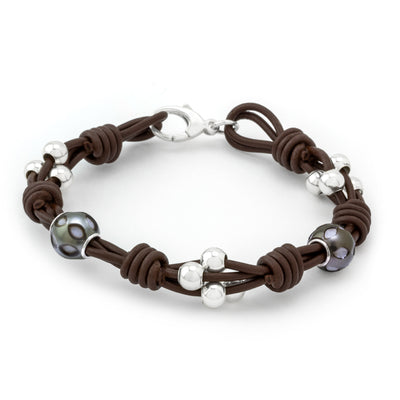 Greek Leather & Carved Pearls Bracelet
