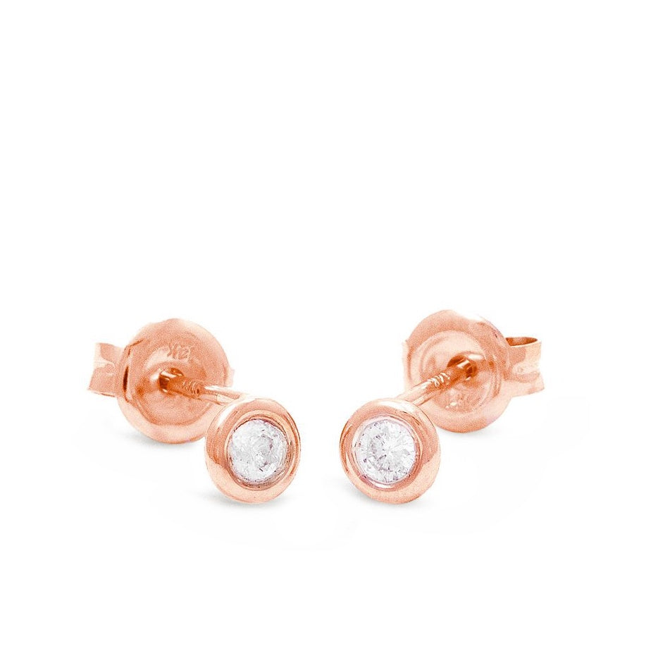 14K Rose Gold Round Diamond Bezel Stud Earrings