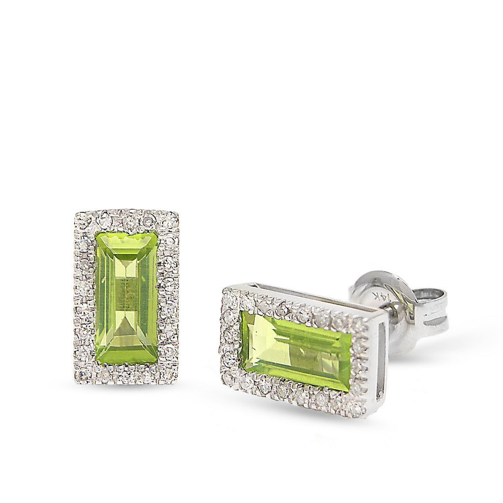 14KWG Peridot & Diamond Rectangle Stud Earrings