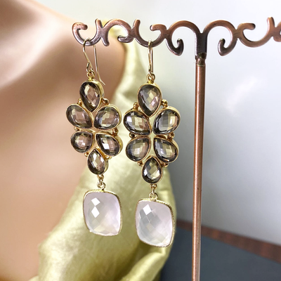 Floral Collection Smoky and Rose Quartz Earrings