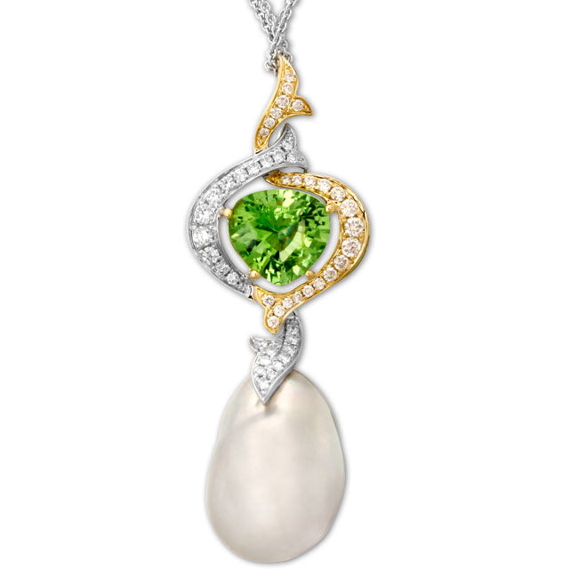 18K Bi-Colored Gold, Baroque Pearl & Green Tourmaline Necklace-334689